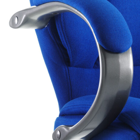 Galloway High Back Executive Office Chair with padded blue fabric upholstery and metallic arms, designed for all-day comfort.