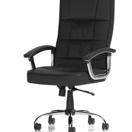 Moore Deluxe High Back Black Executive Office Chair with padded arms and chrome base, designed for long hours of comfort.