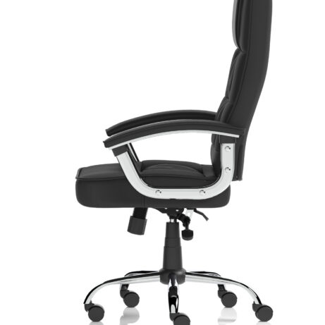 Moore Deluxe High Back Black Executive Office Chair with Arms on a chrome base, featuring padded arms and ergonomic design.