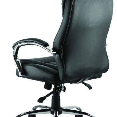 Rocky High Back Executive Chair in black leather with padded seat and chrome arms, designed for comfort and support.