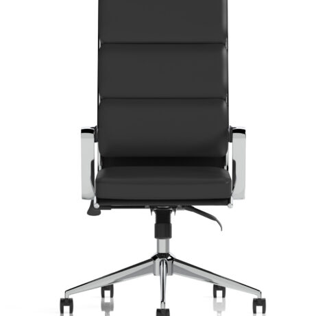 Savoy High Back Executive Chair in black leather with polished chrome arms and a five-star base. Ideal for office settings.