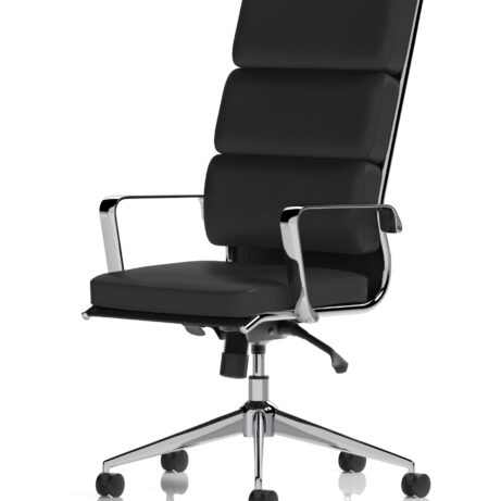 Savoy High Back Executive Chair in black leather with polished chrome arms and a sleek, modern design.