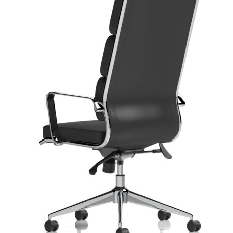 Savoy High Back Executive Chair in black leather with polished chrome arms and a multi-section backrest.