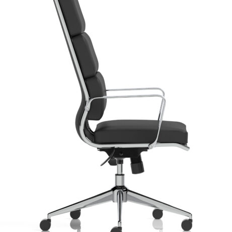 Savoy High Back Executive Chair in black leather with chrome arms, showcasing a tall, multi-section back design.