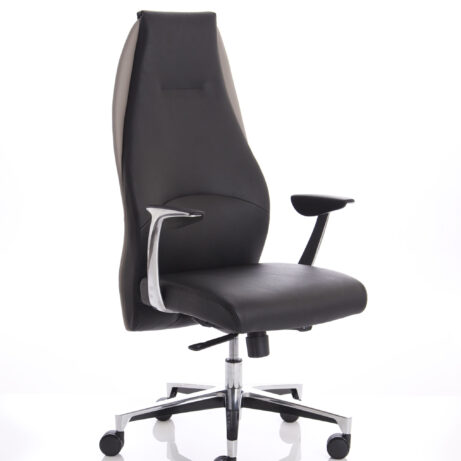 Mien High Back Leather Executive Office Chair in black and mink with chrome accents and adjustable armrests.