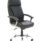 High back executive office chair with black leather upholstery and chrome arms, featuring adjustable height and tilt mechanism.