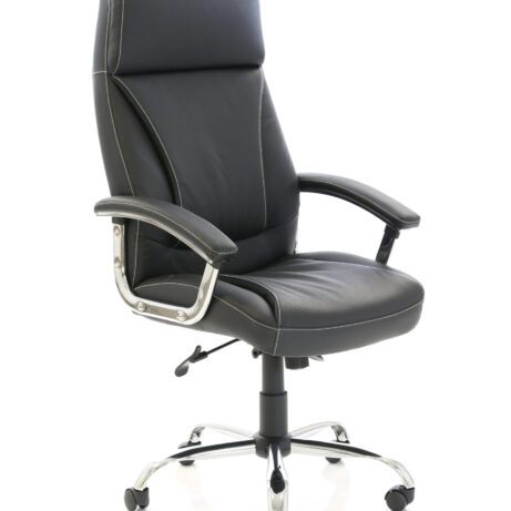 High back executive office chair with black leather upholstery and chrome arms, featuring adjustable height and tilt mechanism.