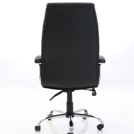 Penza High Back Executive Leather Office Chair with Arms, black leather seat, chrome five-star base, and smooth-rolling casters.