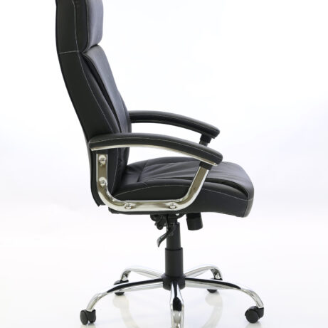 Penza High Back Executive Leather Office Chair with Arms in black leather, chrome five-star base, and smooth-rolling casters.
