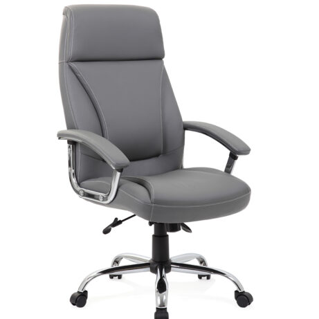 Penza High Back Executive Office Chair in grey leather with chrome arms and base, featuring adjustable height and swivel design.