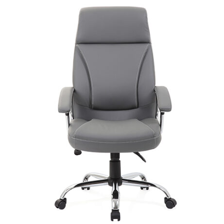 Penza High Back Executive Leather Office Chair with Arms in grey, featuring cushioned leather, chrome base, and rolling casters.