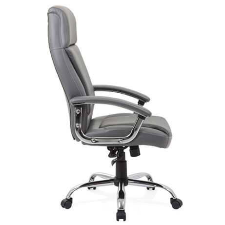Penza High Back Executive Leather Office Chair in gray with chrome five-star base and armrests, designed for comfort and mobility.