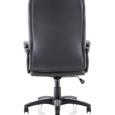 High-back black leather executive office chair with arms, designed for comfort during long hours at the desk.