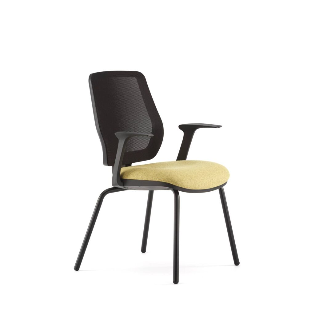 Eclipse Meet chair with a breathable mesh back, yellow seat, black frame, and optional arms for versatile office use.