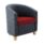 Compact FLITE tub chair with a rounded profile, grey upholstery and red seat cushion, featuring wooden feet for stability.