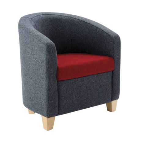 Compact FLITE tub chair with a rounded profile, grey upholstery and red seat cushion, featuring wooden feet for stability.