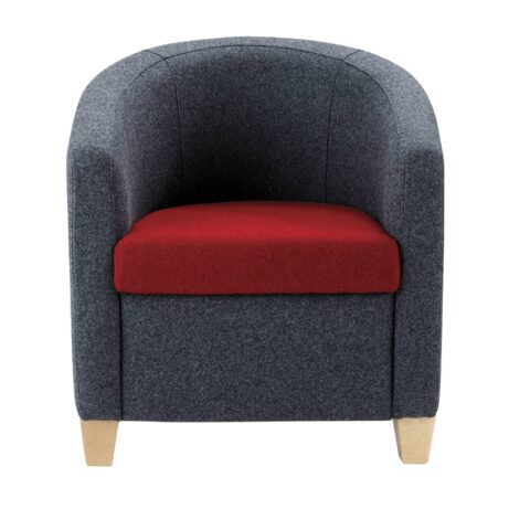 Compact Flite tub chair with a grey upholstery and red seat cushion, featuring wooden feet for reception or breakout areas.