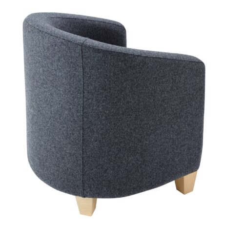 FLITE compact upholstered tub chair with rounded profile and wooden feet, gray fabric, ideal for reception or breakout spaces.