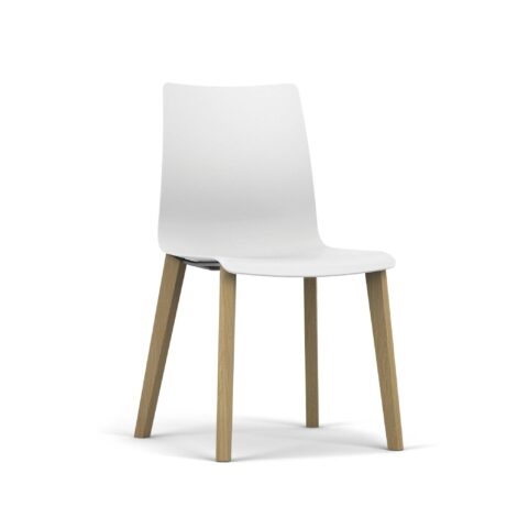 FJORD Chair with white polypropylene shell and wooden four-leg frame, suitable for café and office environments.