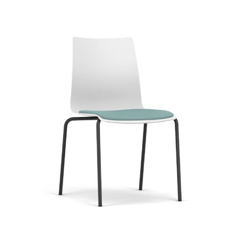 FJORD Chair with a white polypropylene shell and teal seat, featuring a black metal four-leg frame. Suitable for café and office settings.