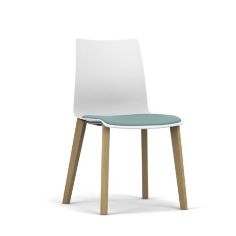 FJORD Chair with a white polypropylene shell and light blue seat, featuring wooden four-leg frame. Ideal for café and office settings.