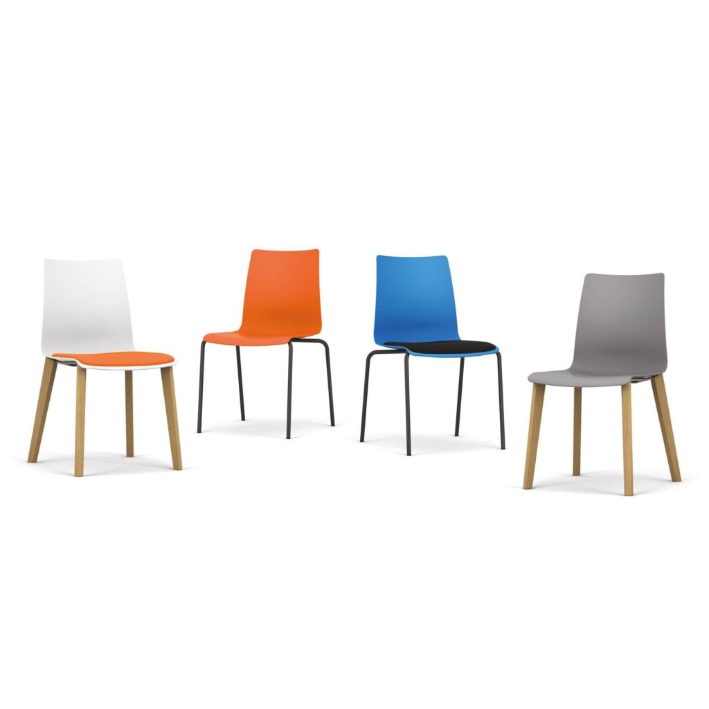 FJORD Chair in four colors: white, orange, blue, and gray, featuring metal or wooden four-leg frames. Suitable for cafés and offices.