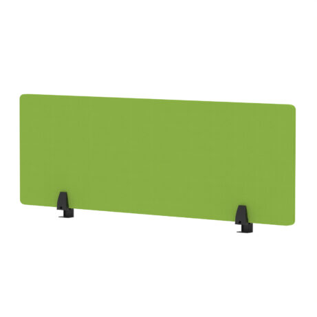 Air Desktop Screen in 400mm height, 1200mm width, featuring bespoke Myrrh Green fabric and black supports.