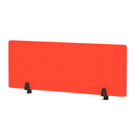 Bespoke Tabasco Orange fabric desktop screen, 400mm high, 1200mm wide, supported by black legs.