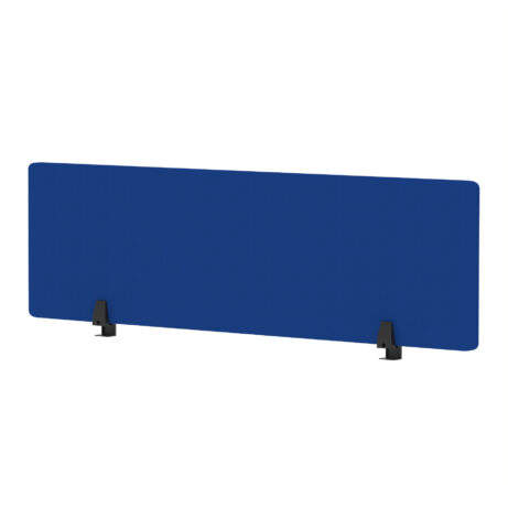 Air Desktop Screen, 400mm high, 1400mm wide, in bespoke Stevia Blue fabric with black supports.