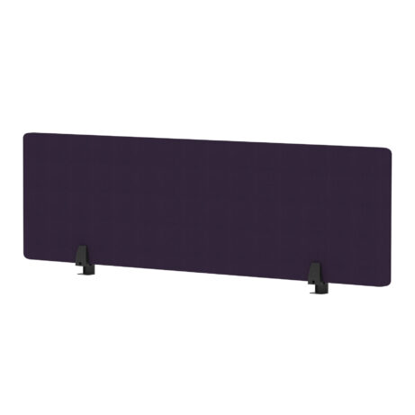 Air Desktop Screen 400mm high, 1400mm wide, in bespoke Tansy Purple fabric with black supports.