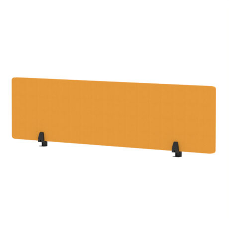 Air Desktop Screen 400mm high, 1600mm wide, in bespoke Senna Yellow fabric with black supports.