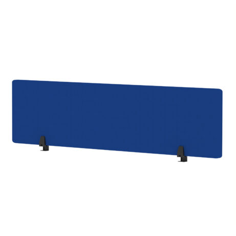 Air Desktop Screen, 400mm high, 1600mm wide, in bespoke Stevia Blue fabric with black supports.