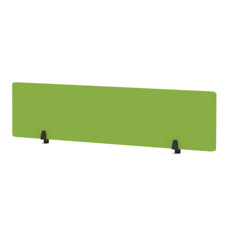 Air Desktop Screen in bespoke Myrrh Green fabric, 400mm high, 1800mm wide with black support feet.