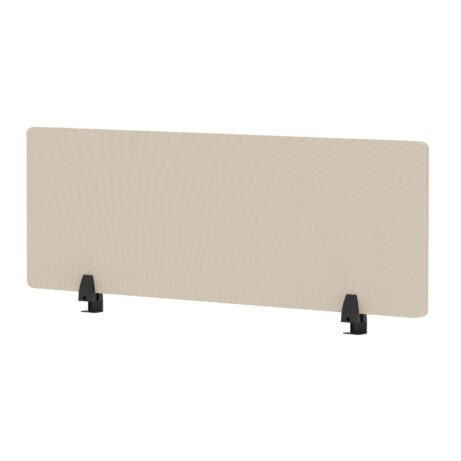 Air Desktop Screen, 400mm high, 1200mm wide, in bespoke Quest Salt fabric, supported by black brackets.