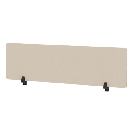 Bespoke Quest Salt fabric desktop screen, 400mm high and 1600mm wide, supported by black feet.