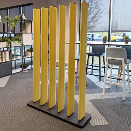 Hive Screens in yellow with six panels, featuring a robust black MFC base, ideal for flexible office privacy.