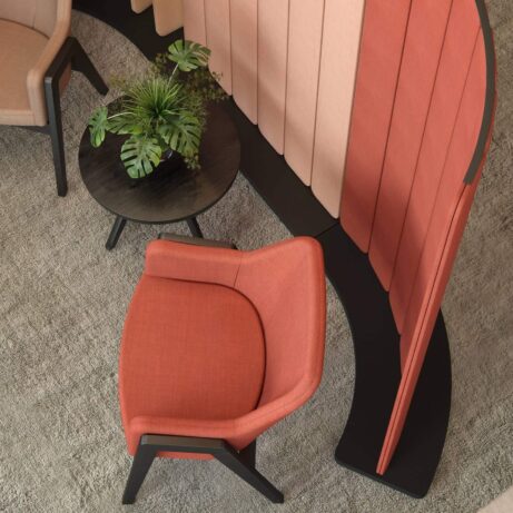 Hive Screens with six panels in red and beige, featuring a robust MFC base and metal top rail, ideal for flexible office privacy.