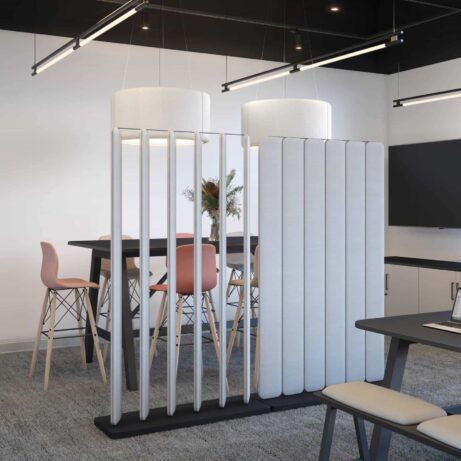 Hive Screens with six panels in a light fabric, floor-standing, featuring a robust MFC base and metal top rail, ideal for office privacy.