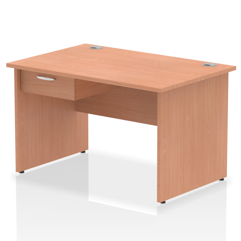 Impulse Panel End Straight Desk Frame in Beech, 1200mm width, with single drawer fixed pedestal.