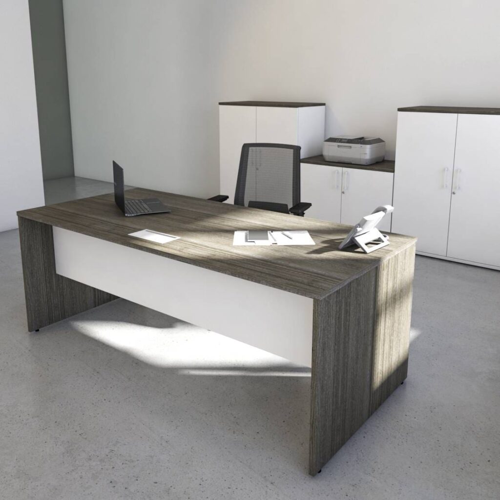 Imperial Executive Desk in two-tone finish, featuring integrated storage, a 3-drawer pedestal, and modern workspace design.