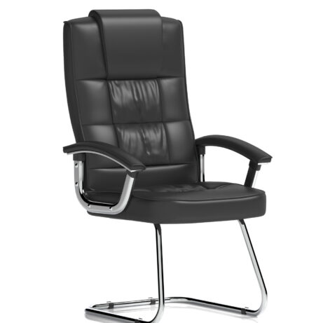 Moore Deluxe High Back Black Cantilever Visitor Chair with Arms, featuring black leather upholstery and chrome cantilever base.