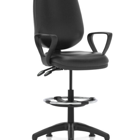 Eclipse Plus II Task Operator Chair in black leather, featuring a matching back and hi-rise draughtsman kit.