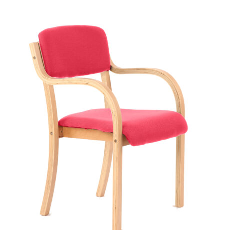 Madrid Wooden Frame Visitor Chair with Arms in Bespoke Bergamot Cherry colour and upholstered pink fabric seat.