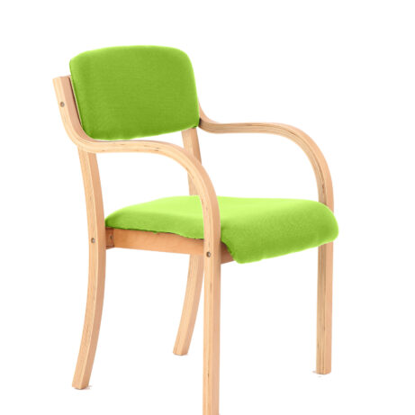 Madrid Wooden Frame Visitor Chair with arms in bespoke Myrrh Green upholstery and natural wood finish.
