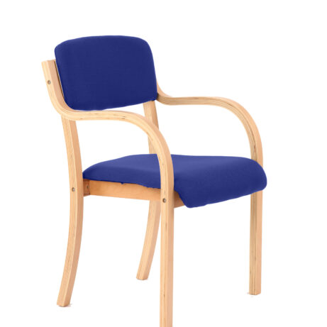 Madrid Wooden Frame Visitor Chair with Arms in Bespoke Stevia Blue fabric and natural wood finish.