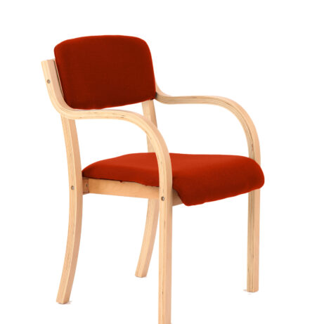 Madrid Wooden Frame Visitor Chair with arms, bespoke Tabasco orange upholstery, featuring a light wood frame.