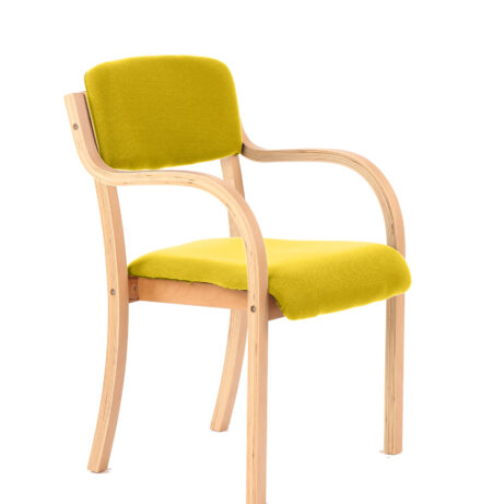 Madrid Wooden Frame Visitor Chair with Arms in Bespoke Senna Yellow upholstery and natural wooden frame.