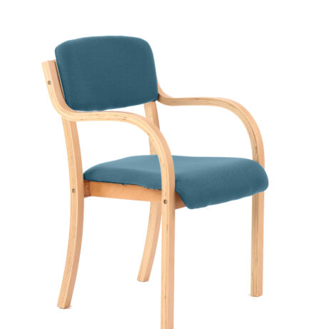 Madrid Wooden Frame Visitor Chair with arms, bespoke Maringa teal upholstery, natural wooden frame.