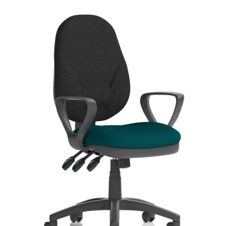 Eclipse Plus XL High Back Task Operator Chair, Bespoke Maringa Teal seat, with loop arms and a charcoal back.