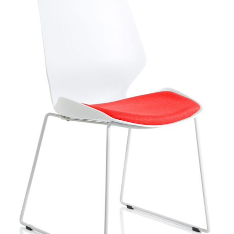 Florence Sled Chair with white frame and bespoke bergamot cherry fabric seat. Modern design for visitor areas.